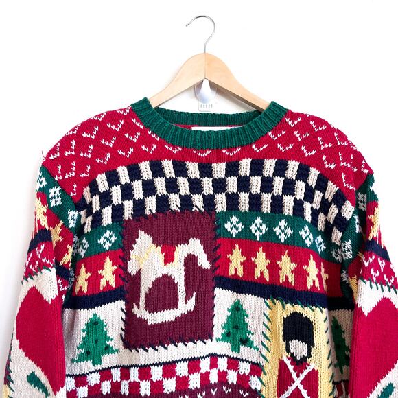 Vintage 90s The Eagles Eye Hand Knit Christmas Sweater Size M Patchwork Holiday - Picture 3 of 13